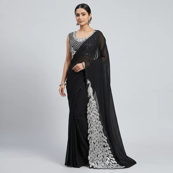 Black_Georgette_Embellished_Saree_With_Stitched_Blouse_For_Women