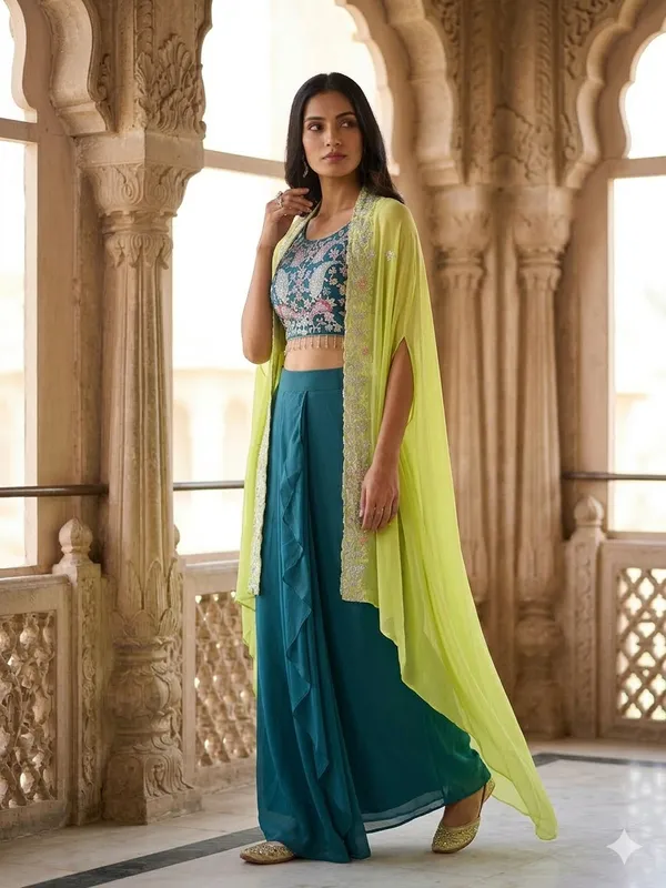 Teal_Embroidered_Cape_Style_Lehenga_Set_for_Women