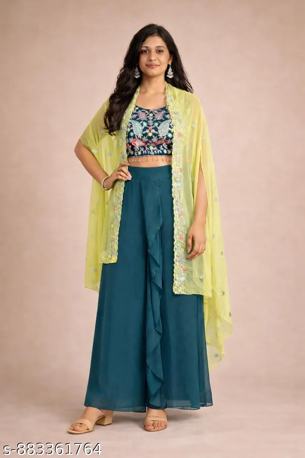 Teal_Embroidered_Cape_Style_Lehenga_Set_for_Women