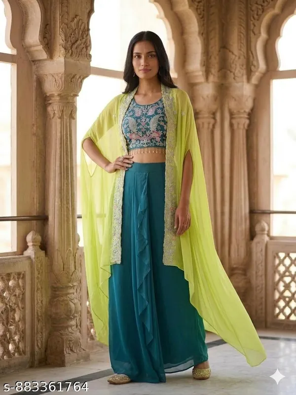 Teal_Embroidered_Cape_Style_Lehenga_Set_for_Women
