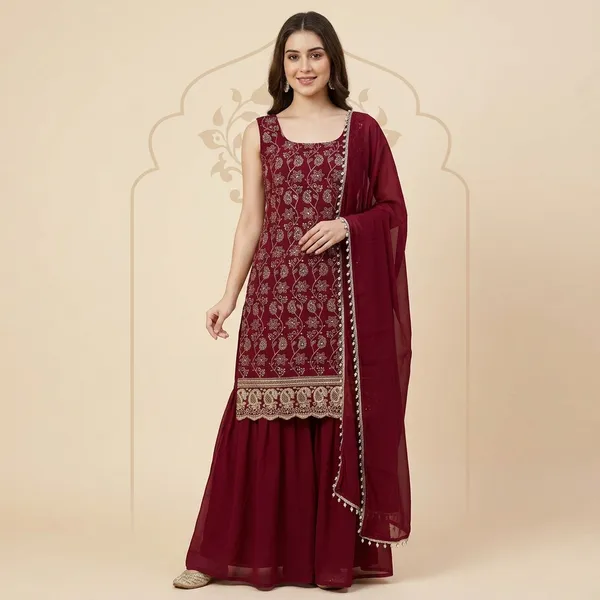Maroon_Faux_Georgette_Printed_Kurta_Palazzo_Dupatta_Set_For_Women