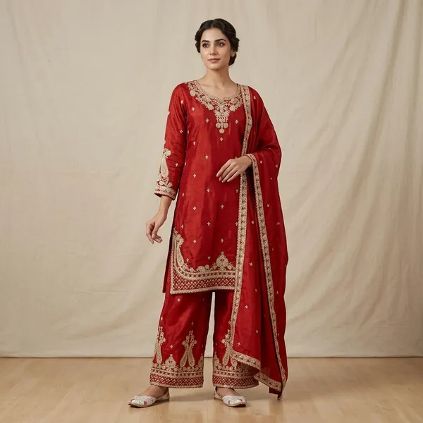Red_Chinon_Embroidered_Straight_Kurti_Plazo_Dupatta_Set_For_Women