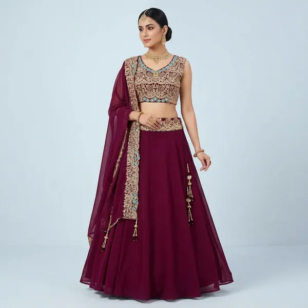 Maroon_Georgette_Embroidered_Lehenga_Choli_Set_For_Women