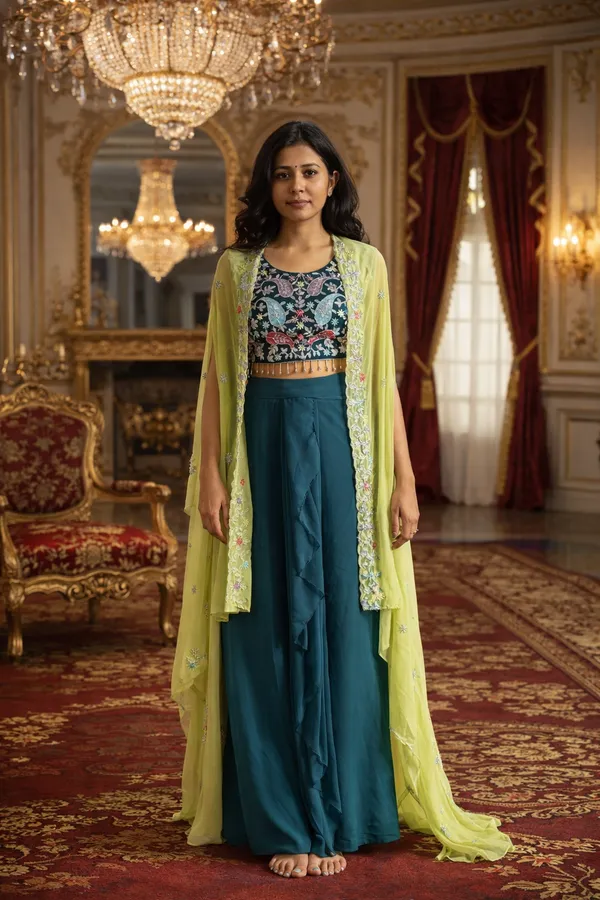 Teal_Embroidered_Cape_Style_Lehenga_Set_for_Women