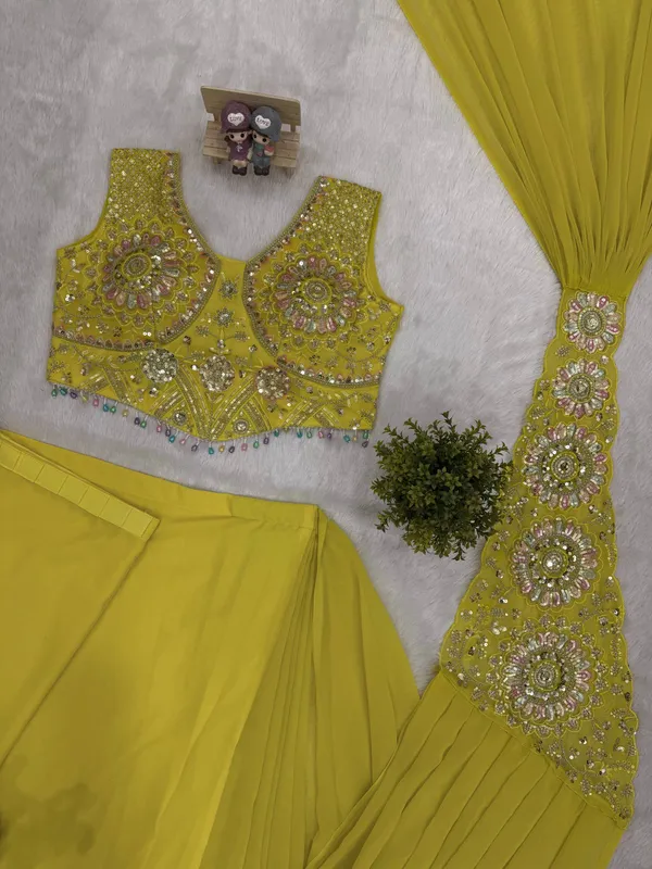 Yellow_Embellished_Pre_Draped_Saree_Set_for_Women