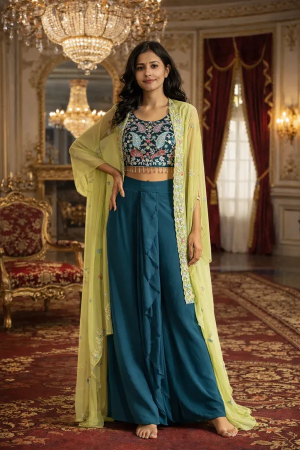 Teal_Embroidered_Cape_Style_Lehenga_Set_for_Women