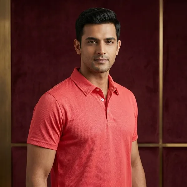 Salmon_Polyester_Blend_Honeycomb_Polo_Textured_T-Shirt_For_Men