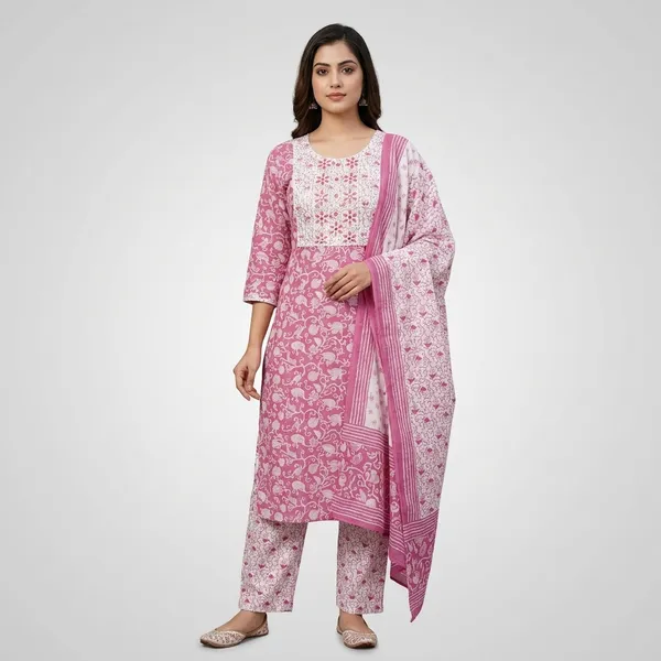 Pink_Premium_Cotton_Floral_Print_Relaxed_Fit_Kurta_Set_For_Women