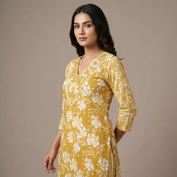 Yellow_Premium_Cotton_Floral_Print_Kurta_Set_For_Women