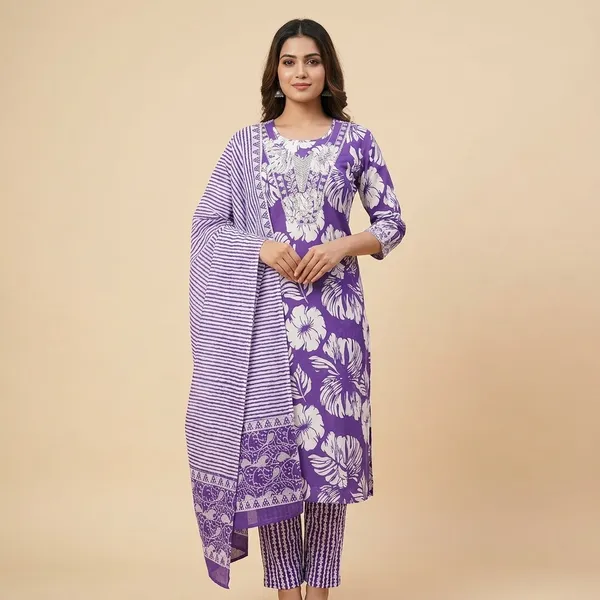 Purple_Premium_Cotton_Traditional_Print_Kurta_Set_For_Women