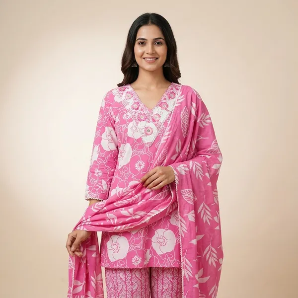 Pink_Premium_Cotton_Floral_Print_Kurta_Set_For_Women