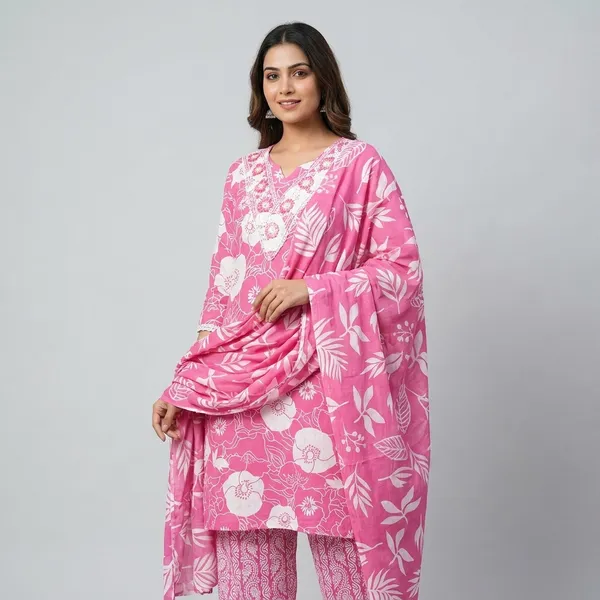 Pink_Premium_Cotton_Floral_Print_Kurta_Set_For_Women