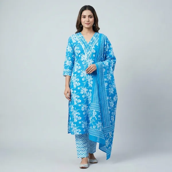 Blue_Premium_Cotton_Floral_Print_Kurta_Set_For_Women