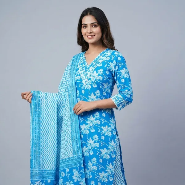 Blue_Premium_Cotton_Floral_Print_Kurta_Set_For_Women