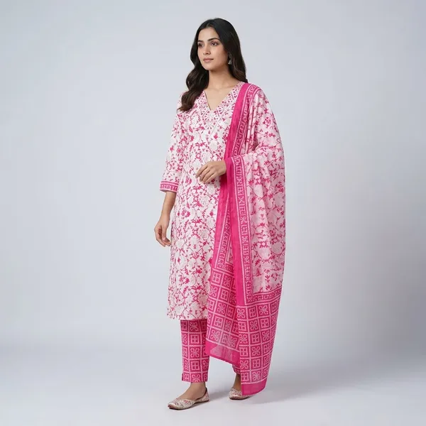 Pink_Premium_Cotton_Floral_Geometric_Print_Kurta_Set_For_Women