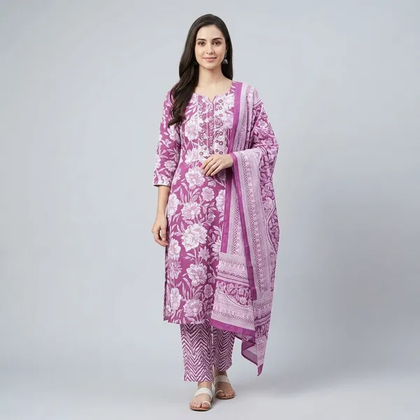 Purple_Premium_Cotton_Ethnic_Print_Kurta_Set_For_Women