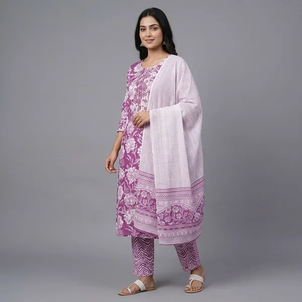 Purple_Premium_Cotton_Ethnic_Print_Kurta_Set_For_Women