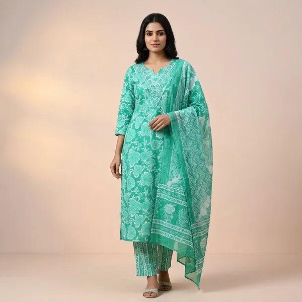 Green_Premium_Cotton_Block_Print_Straight_Fit_Kurta_Set_For_Women