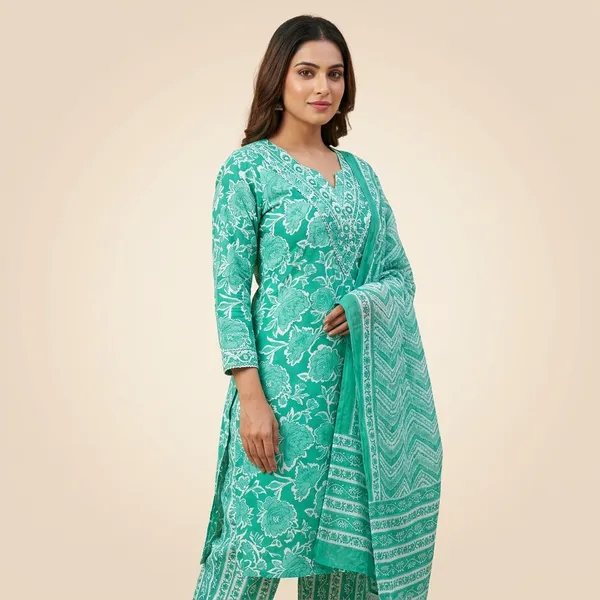 Green_Premium_Cotton_Block_Print_Straight_Fit_Kurta_Set_For_Women