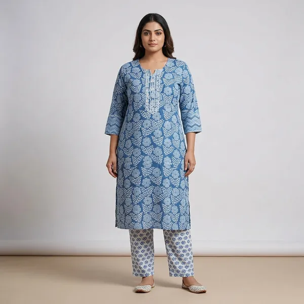 Blue_Premium_Cotton_Block_Print_Kurta_Set_For_Women