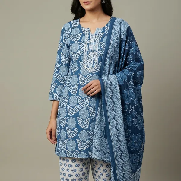 Blue_Premium_Cotton_Block_Print_Kurta_Set_For_Women