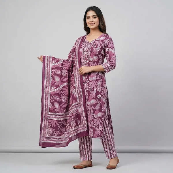 Multicolour_Premium_Cotton_Floral_Geometric_Print_Kurta_Set_For_Women