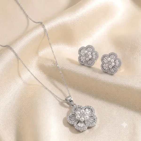 Silver_925_Sterling_Silver_Floral_Pearl-Accented_Necklace_And_Earrings_Set_For_Women