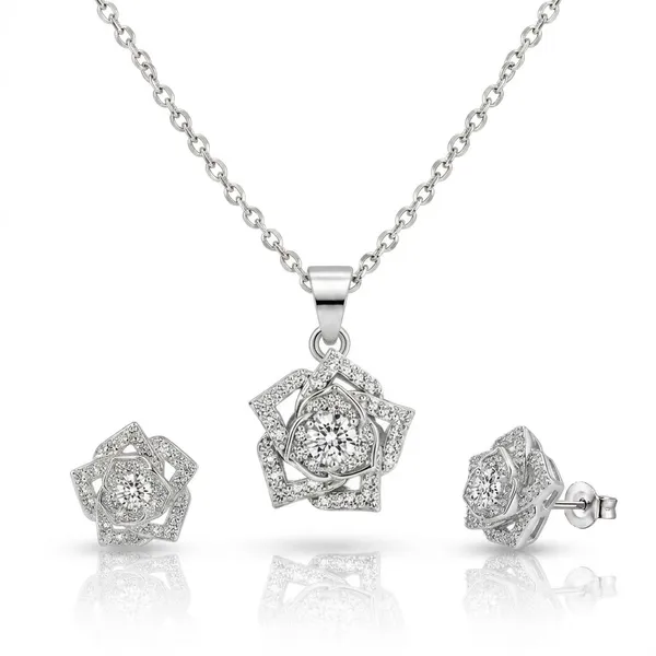 Silver_925_Sterling_Silver_Floral_Pendant_Necklace_And_Earrings_Set_For_Women