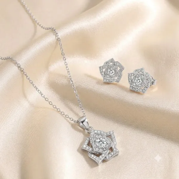Silver_925_Sterling_Silver_Floral_Pendant_Necklace_And_Earrings_Set_For_Women