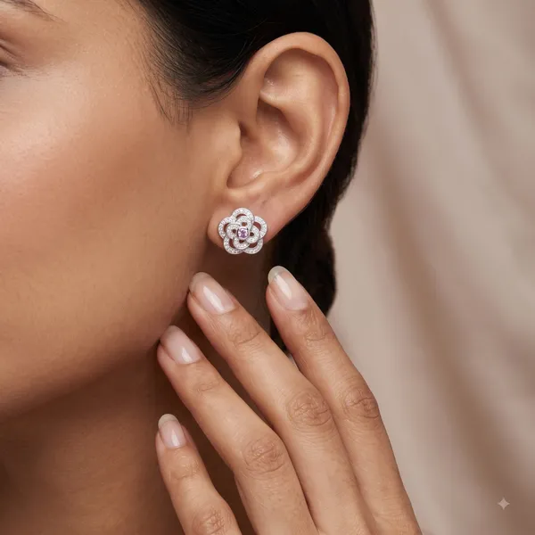Silver_Sterling_Silver_Floral_Pink_Stone_Stud_Earrings_For_Women