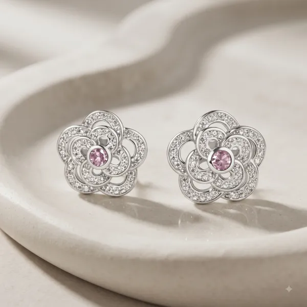 Silver_Sterling_Silver_Floral_Pink_Stone_Stud_Earrings_For_Women