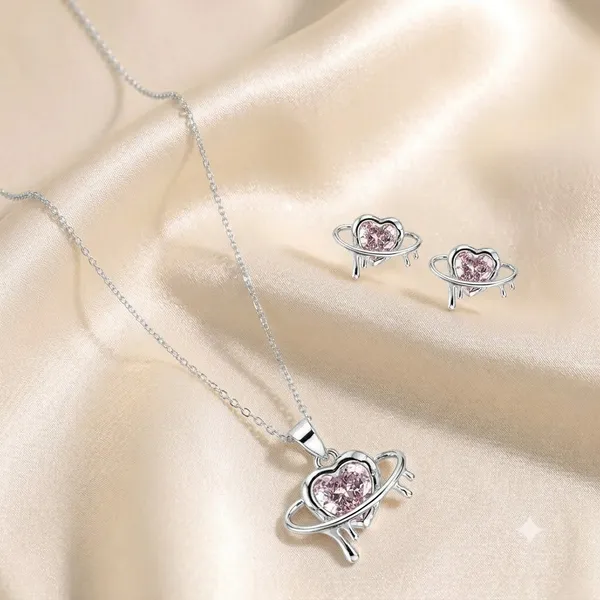 Silver_925_Sterling_Silver_Heart_Pendant_Necklace_And_Earrings_Set_For_Women