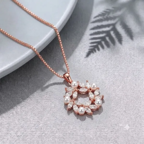 Rose_Gold_Sterling_Silver_Floral_Pearl_Pendant_Necklace_For_Women