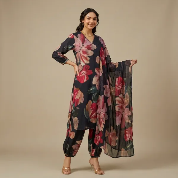 Black_Pc_Cotton_Kurta_Set_With_Dupatta_For_Women