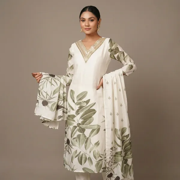 White_Muslin_Slub_Kurta_Set_With_Dupatta_For_Women