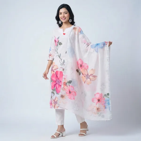 White_Cotton_Floral_Print_Kurta_Set_With_Dupatta_For_Women