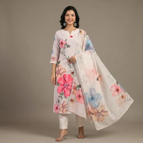 White_Cotton_Floral_Print_Kurta_Set_With_Dupatta_For_Women