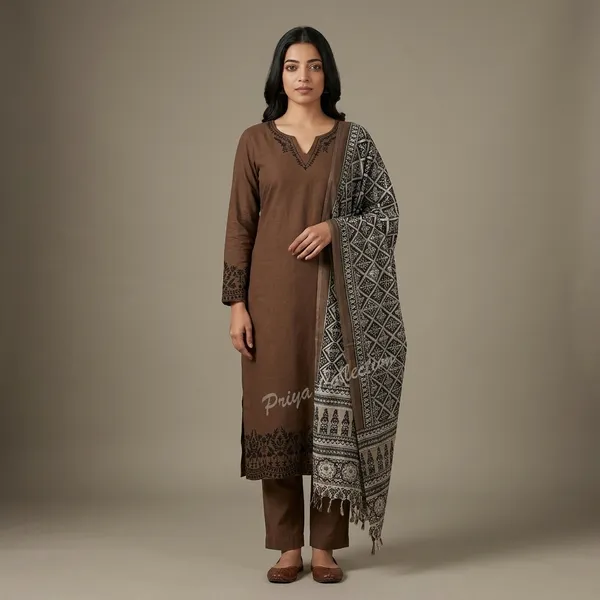 Brown_Linen_Cotton_Embroidered_Kurta_Set_With_Dupatta_For_Women