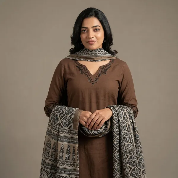 Brown_Linen_Cotton_Embroidered_Kurta_Set_With_Dupatta_For_Women