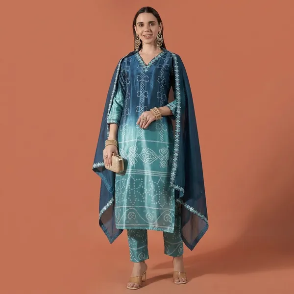 Teal_Blue_Chinon_Kurta_Set_With_Dupatta_For_Women