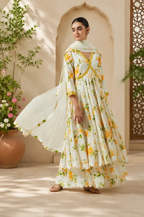 White_Yellow_60X60_Cotton_Kurta_Set_With_Dupatta_For_Women