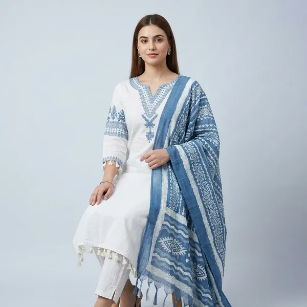 White_Blue_Vatigan_Kurta_Set_With_Dupatta_For_Women