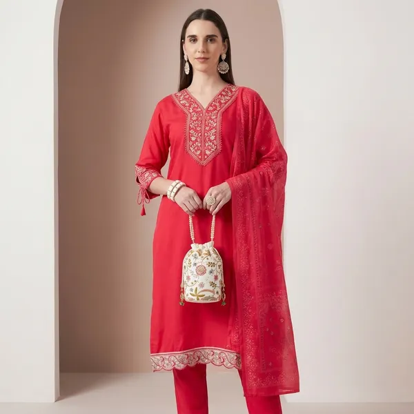 Red_Viscose_Roman_Kurta_Set_With_Dupatta_For_Women