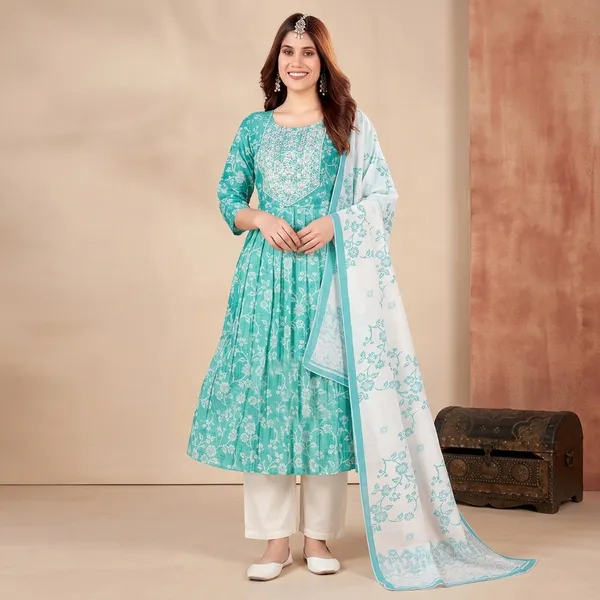 Blue_Poly_Rayon_Kurta_Set_With_Dupatta_For_Women