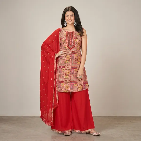 Red_Poly_Rayon_Kurta_Set_With_Dupatta_For_Women