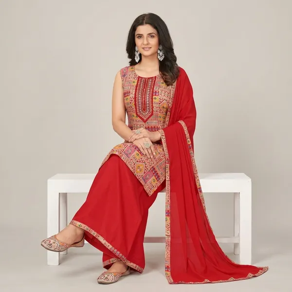 Red_Poly_Rayon_Kurta_Set_With_Dupatta_For_Women