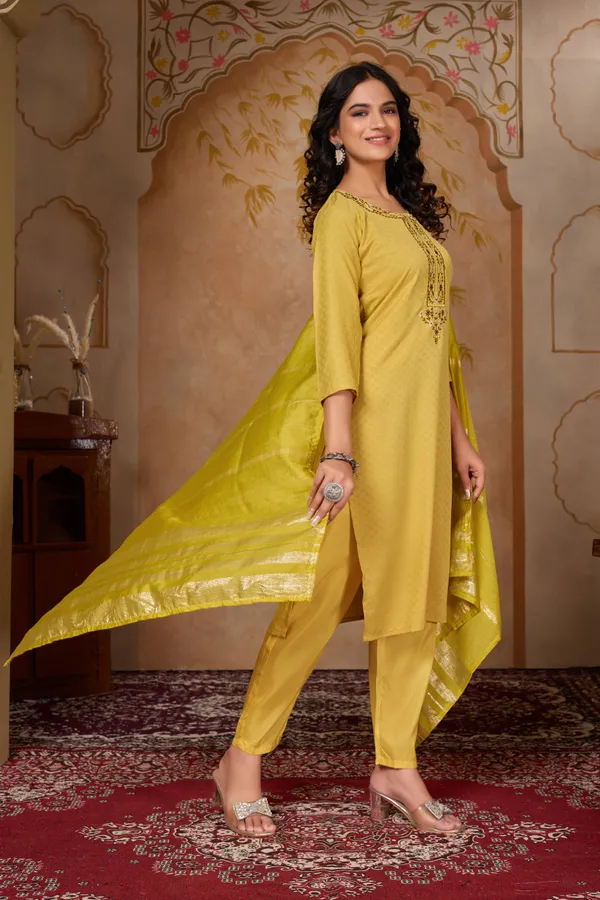 Yellow_Jacquard_Kurta_Set_With_Dupatta_For_Women