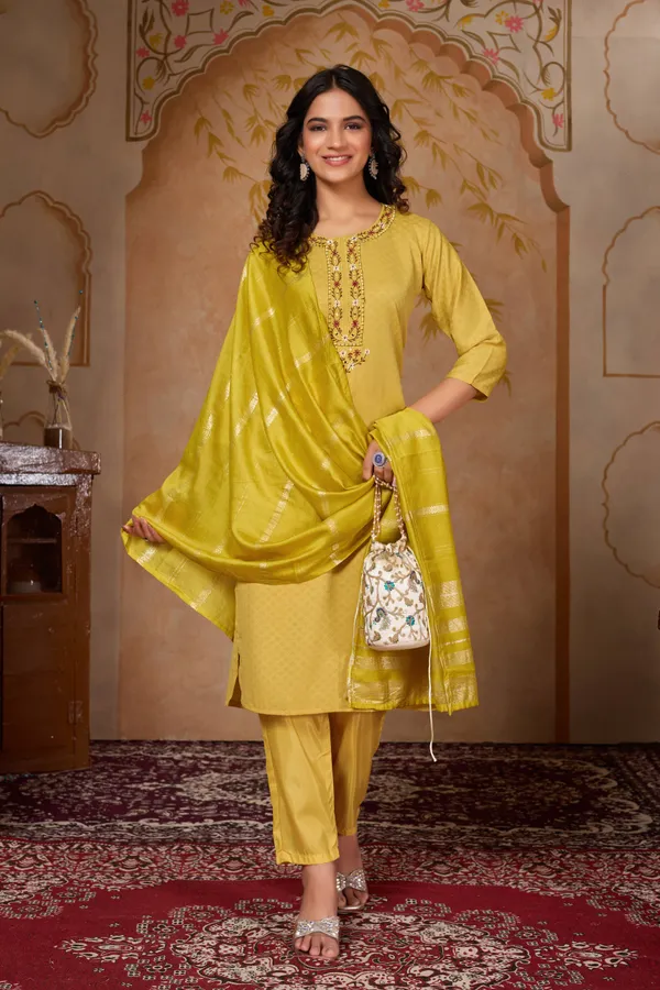 Yellow_Jacquard_Kurta_Set_With_Dupatta_For_Women