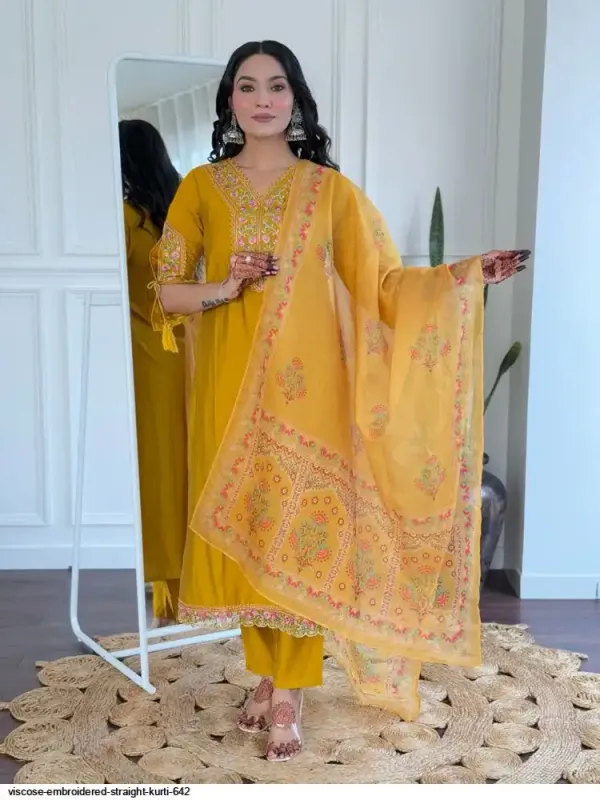 Yellow_Viscose_Roman_Kurta_Set_With_Dupatta_For_Women