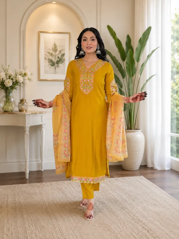 Yellow_Viscose_Roman_Kurta_Set_With_Dupatta_For_Women